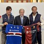 Marco Bucci con gli allenatori di Genoa e Sampdoria, Alberto Gilardino e Andrea Sottil