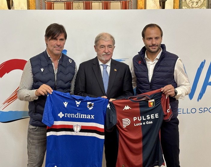 Marco Bucci con gli allenatori di Genoa e Sampdoria, Alberto Gilardino e Andrea Sottil