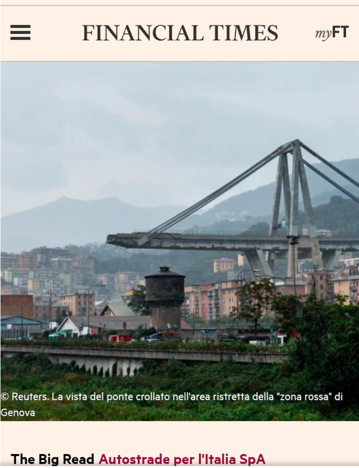 Crollo ponte, Financial Times fa un'inchiesta sulla privatizzazione della rete autostradale