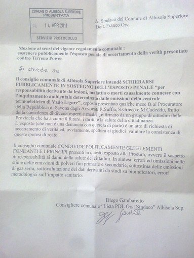 Il coraggio di Diego Gambaretto (PdL): ad Albisola per la Salute e contro il carbone, a sostegno dell'Esposto