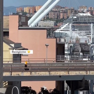 A piedi in sopraelevata, ancora un pedone sulla carreggiata in direzione Levante