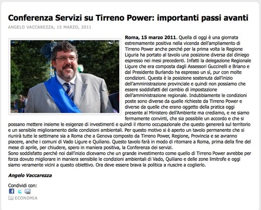 Conferenza Servizi su Tirreno Power: per Vaccarezza &quot;importanti passi avanti&quot;