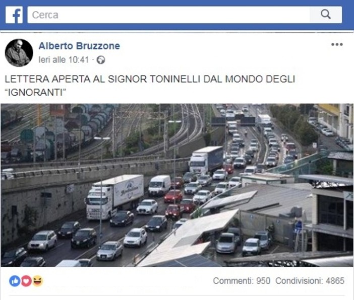 Il post indirizzato al ministro Toninelli