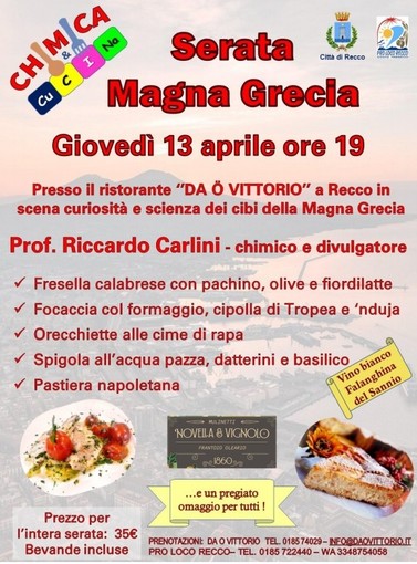 Recco, tornano le serate di Chimica e Cucina: giovedì appuntamento con la Magna Grecia