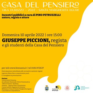 A Santa Margherita Ligure il regista Giuseppe Piccioni per il secondo appuntamento con 'La Casa del Pensiero'