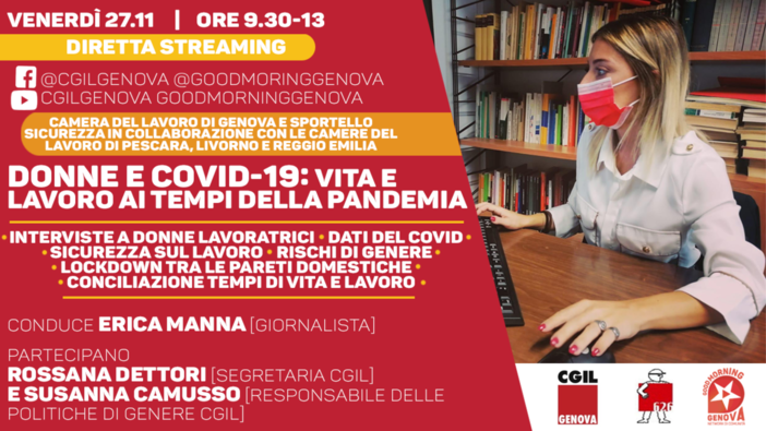 &quot;Donne e Covid-19: vita e lavoro ai tempi della pandemia&quot;. Venerdì la diretta sul canale Youtube della Cgil Genova