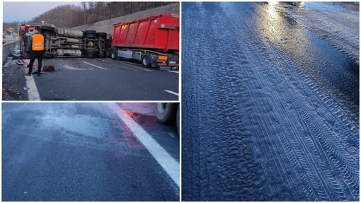 Camion ribaltato su A6: l'asfalto ghiacciato la possibile causa (FOTO)