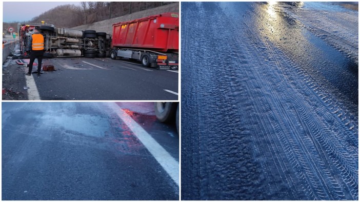 Camion ribaltato su A6: l'asfalto ghiacciato la possibile causa (FOTO)