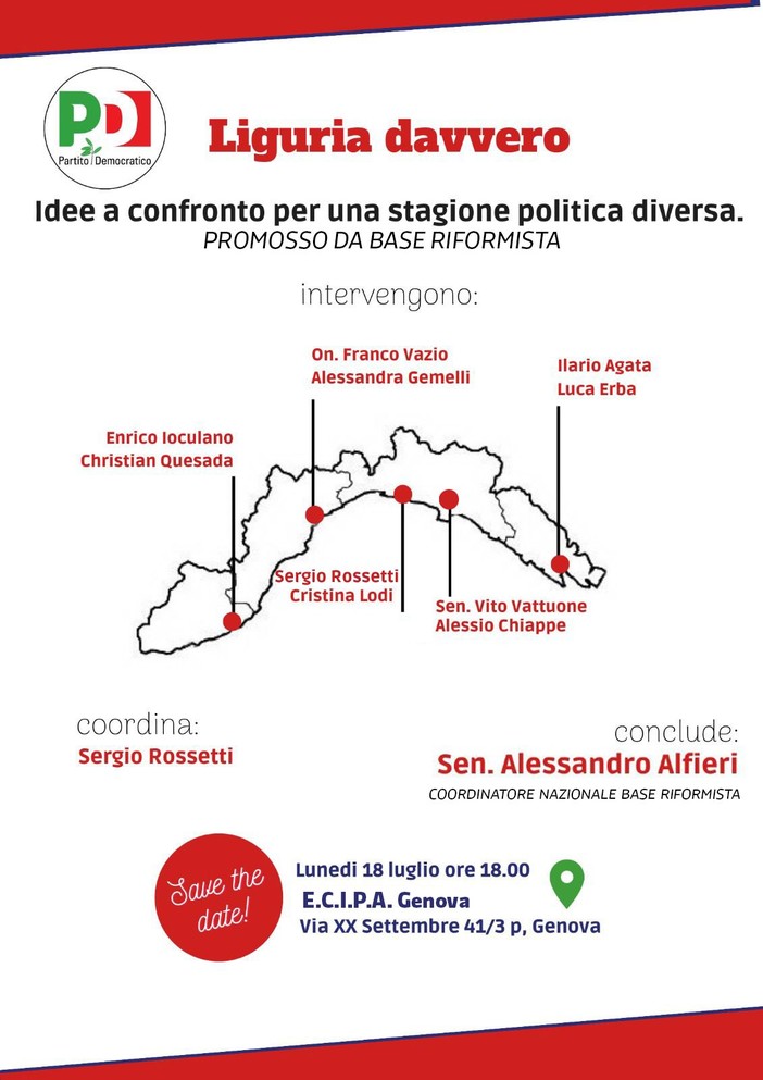 Lunedì 18 luglio a Genova l'incontro con il coordinatore di Base Riformista Nazionale Alessandro Alfieri