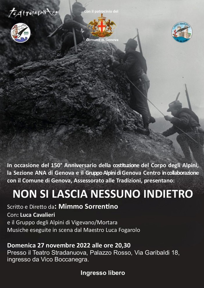 'Non si lascia indietro nessuno', uno spettacolo dedicato al 150° anniversario degli Alpini