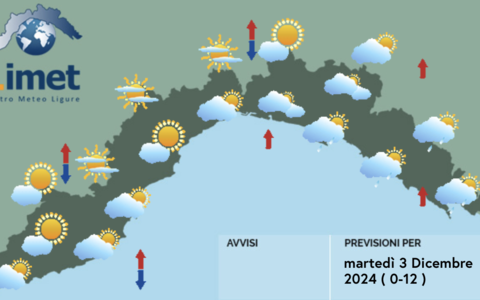 Meteo, nubi sparse su tutta la Liguria. A levante possibili deboli piogge