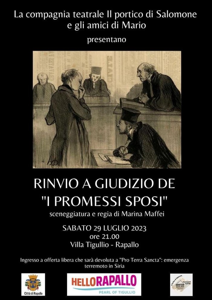 &quot;Rinvio a giudizio dei Promessi Sposi&quot;, sabato nel teatro di Villa Tigullio a Rapallo lo spettacolo della Compagnia &quot;Il portico di Salomone&quot;