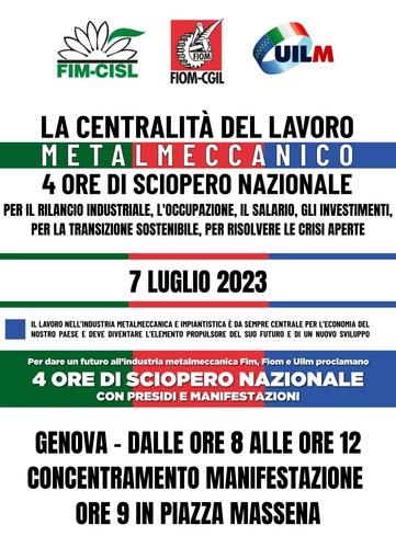 Sciopero dei metalmeccanici, domani la manifestazione a Genova