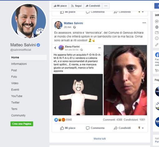 Salvini contro l'ex assessore Fiorini per un post ironico su Facebook